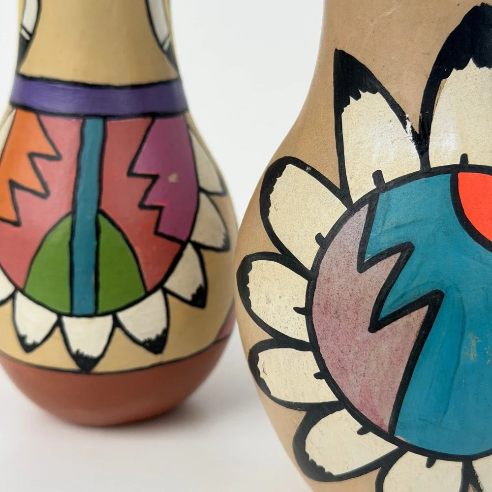 Vintage Native American Pottery Vases Handmade Vibrant‎ Colorful Jemez Folk Art